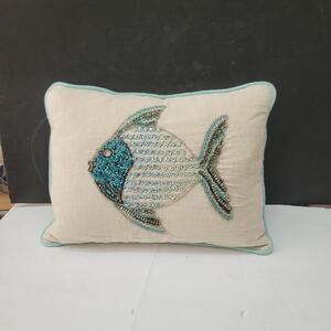 Celerie Kemble Fish Pillow stuffed coastal beach Decor Sequin Beaded 15" x 12"